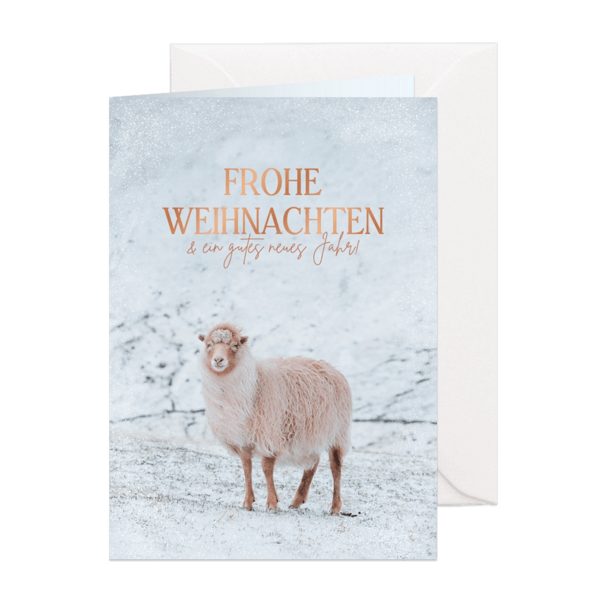 Weihnachtskarte mit Schaf im Schnee - Karteneindruck
