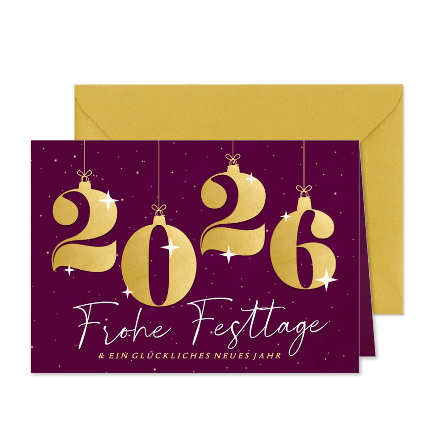 Weihnachtskarte mit Weihnachtskugeln 2026 - Karteneindruck
