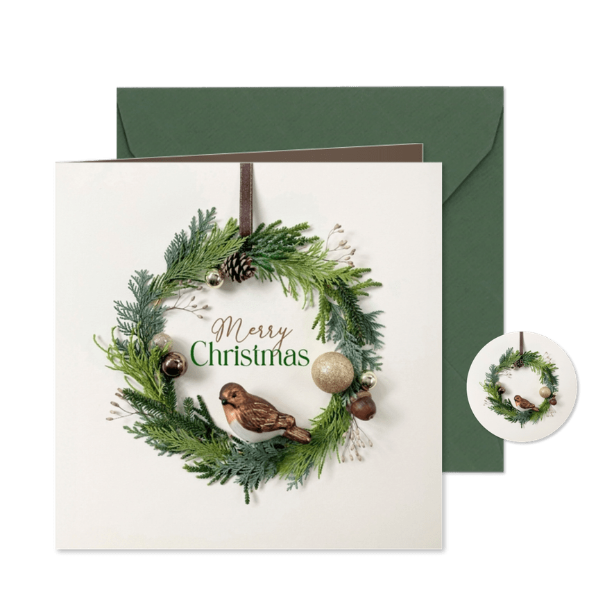 Weihnachtskarte natürlicher Kranz mit Vogel - Karteneindruck