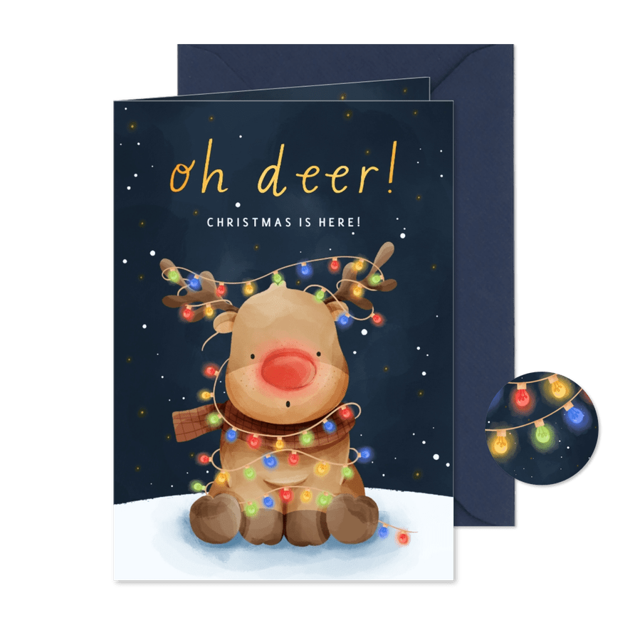 Weihnachtskarte 'Oh deer' Rentier bunte Lichterkette - Karteneindruck
