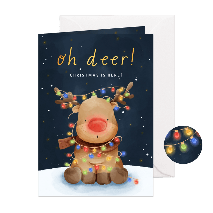 Weihnachtskarte 'Oh deer' Rentier bunte Lichterkette - Karteneindruck
