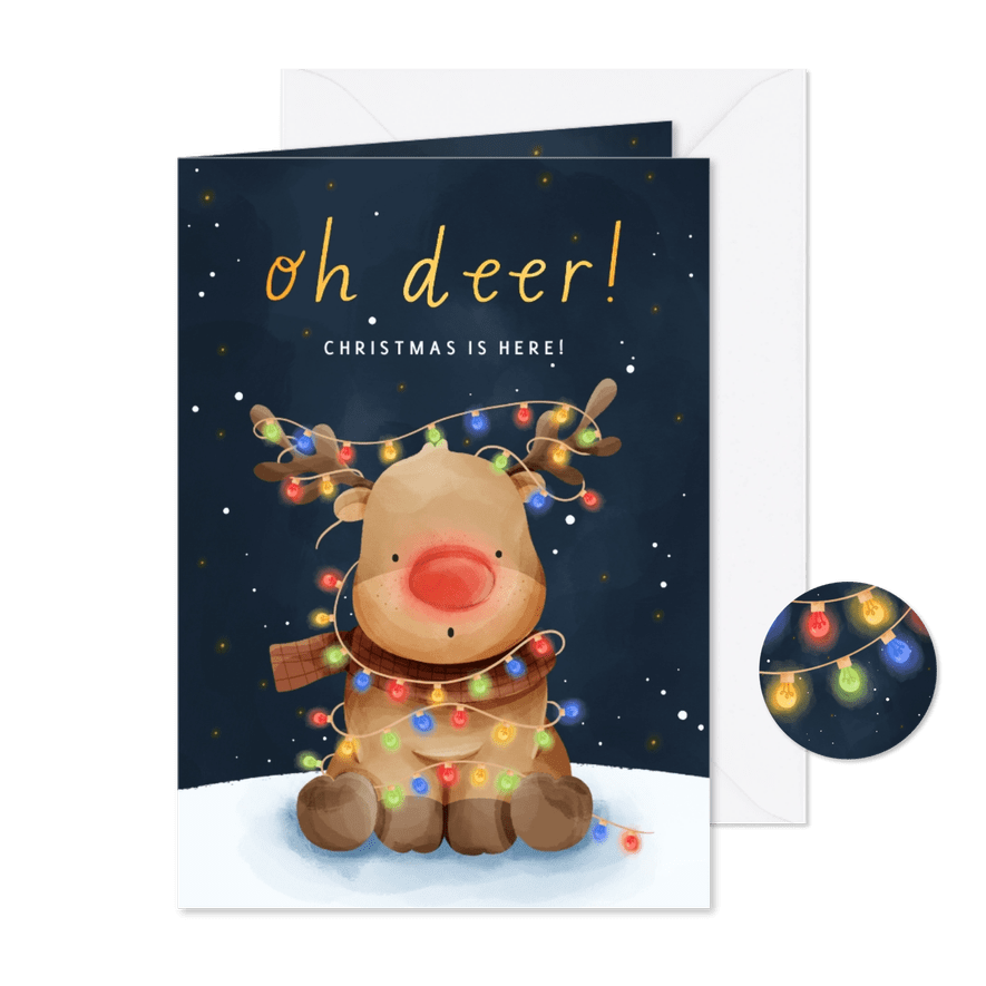 Weihnachtskarte 'Oh deer' Rentier bunte Lichterkette - Karteneindruck