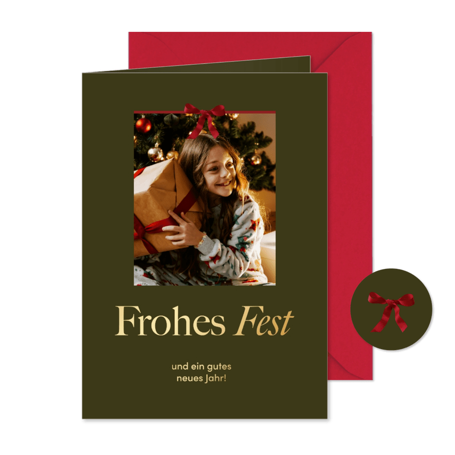 Weihnachtskarte olivgrün Foto mit Schleife - Karteneindruck