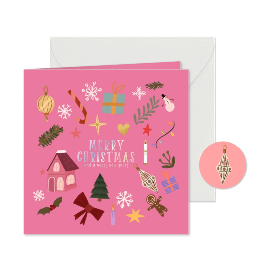 Weihnachtskarte pink bunte Ornamente - Karteneindruck