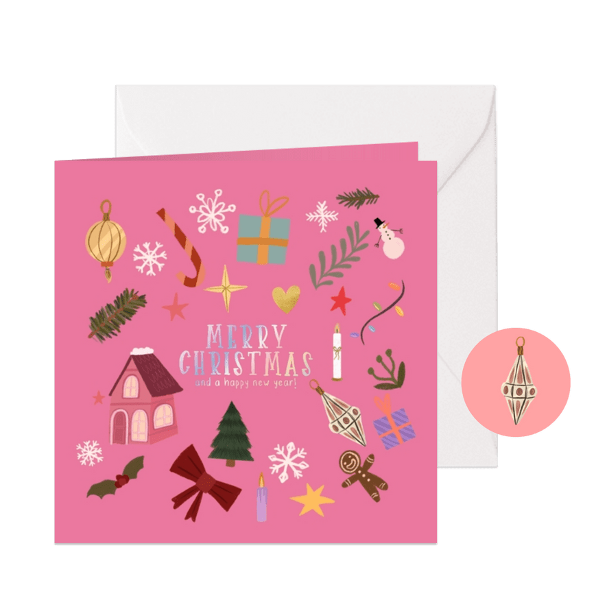 Weihnachtskarte pink bunte Ornamente  - Karteneindruck
