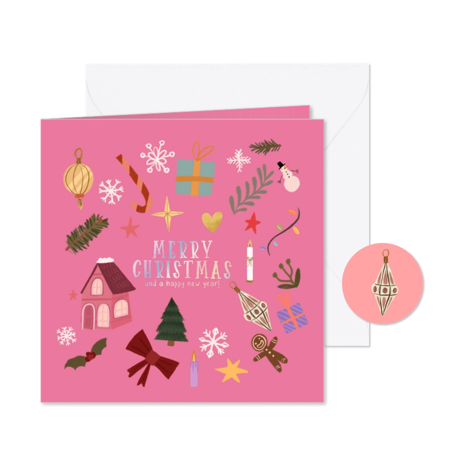 Weihnachtskarte pink bunte Ornamente - Karteneindruck