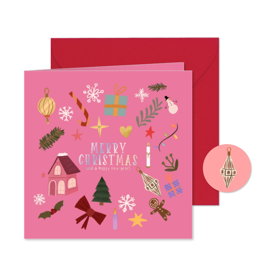 Weihnachtskarte pink bunte Ornamente  - Karteneindruck
