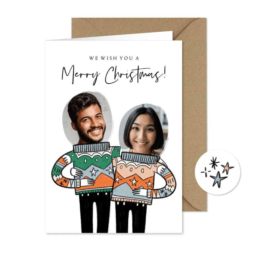 Weihnachtskarte Porträts mit Weihnachtspulli - Karteneindruck