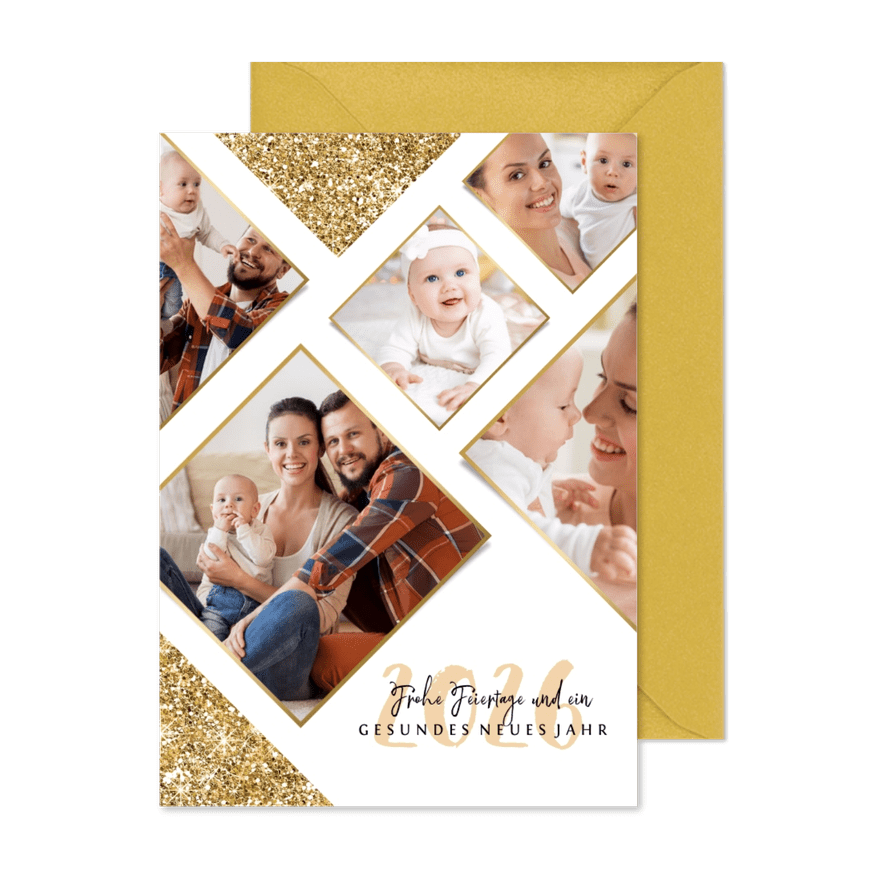 Weihnachtskarte Rautenmuster mit Fotos und Glitzer - Karteneindruck