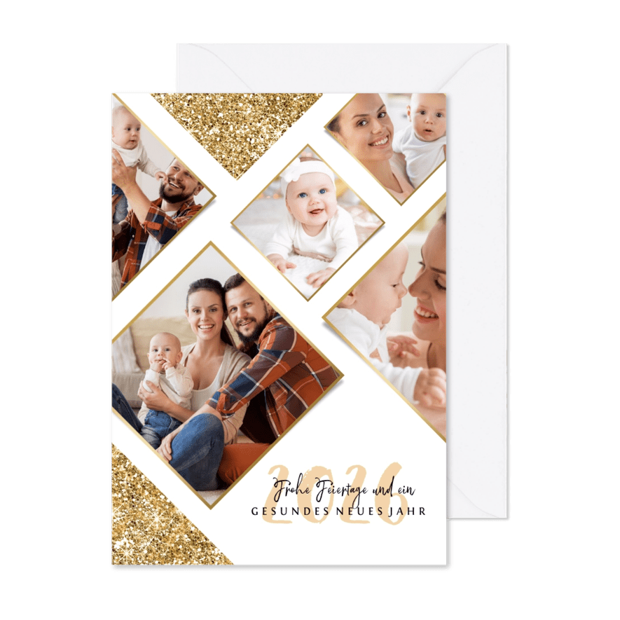 Weihnachtskarte Rautenmuster mit Fotos und Glitzer - Karteneindruck