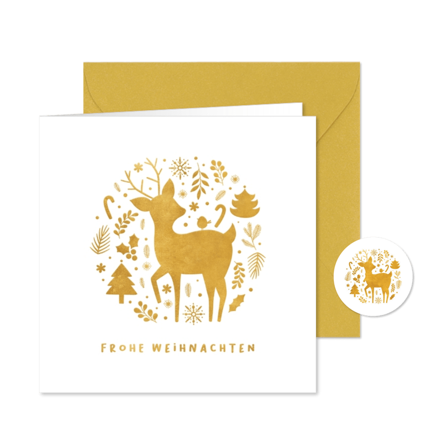 Weihnachtskarte Reh mit Weihnachtsdeko - Karteneindruck