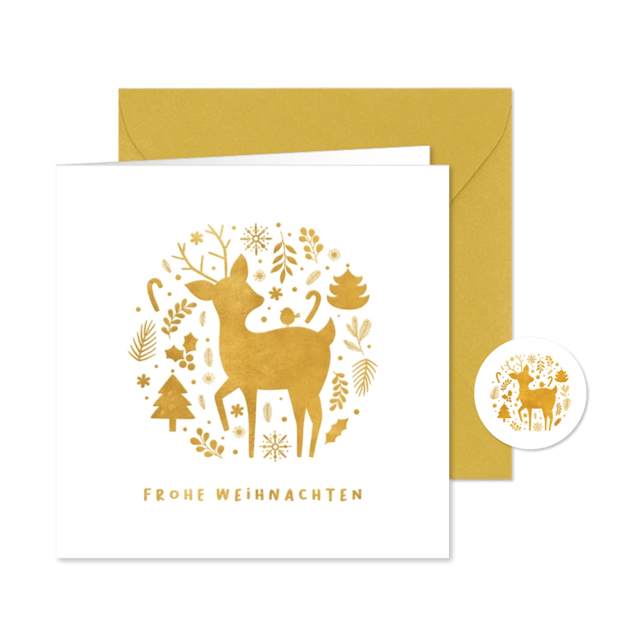Weihnachtskarte Reh mit Weihnachtsdeko - Karteneindruck