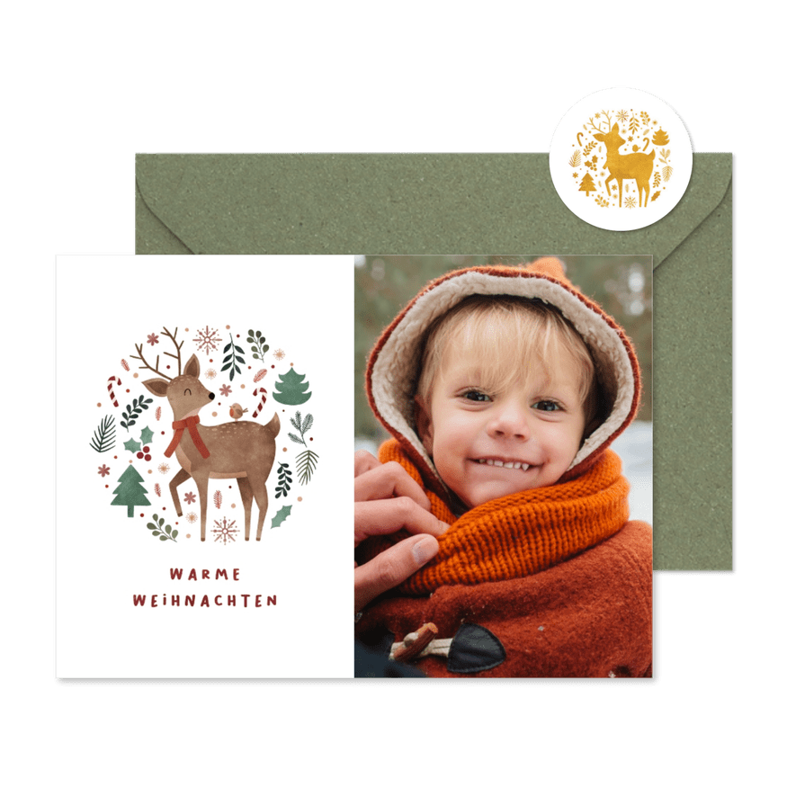 Weihnachtskarte Reh 'Warme Weihnachten' - Karteneindruck