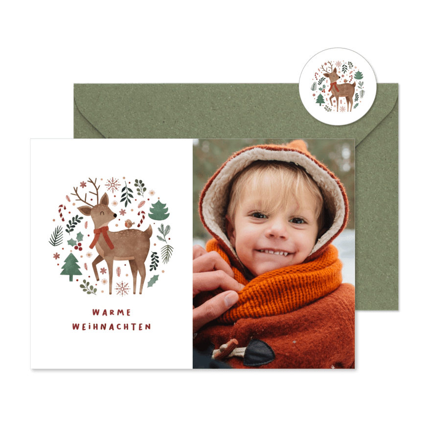 Weihnachtskarte Reh 'Warme Weihnachten' - Karteneindruck