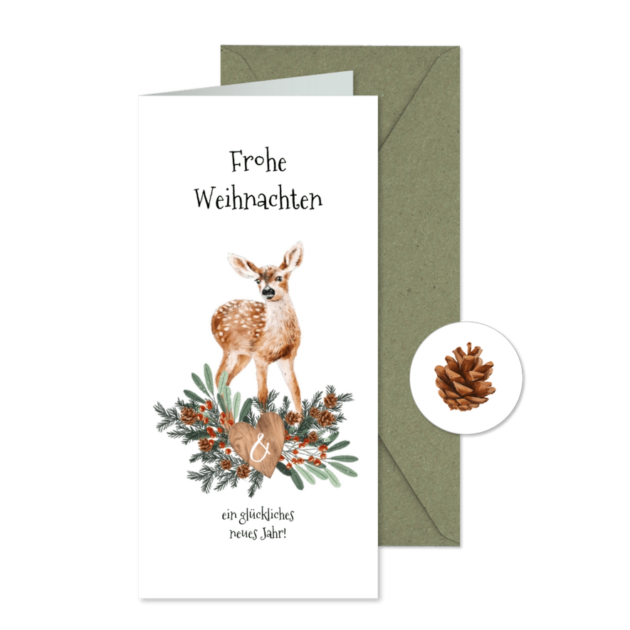 Weihnachtskarte Rehkitz auf Tannenzweigen - Karteneindruck