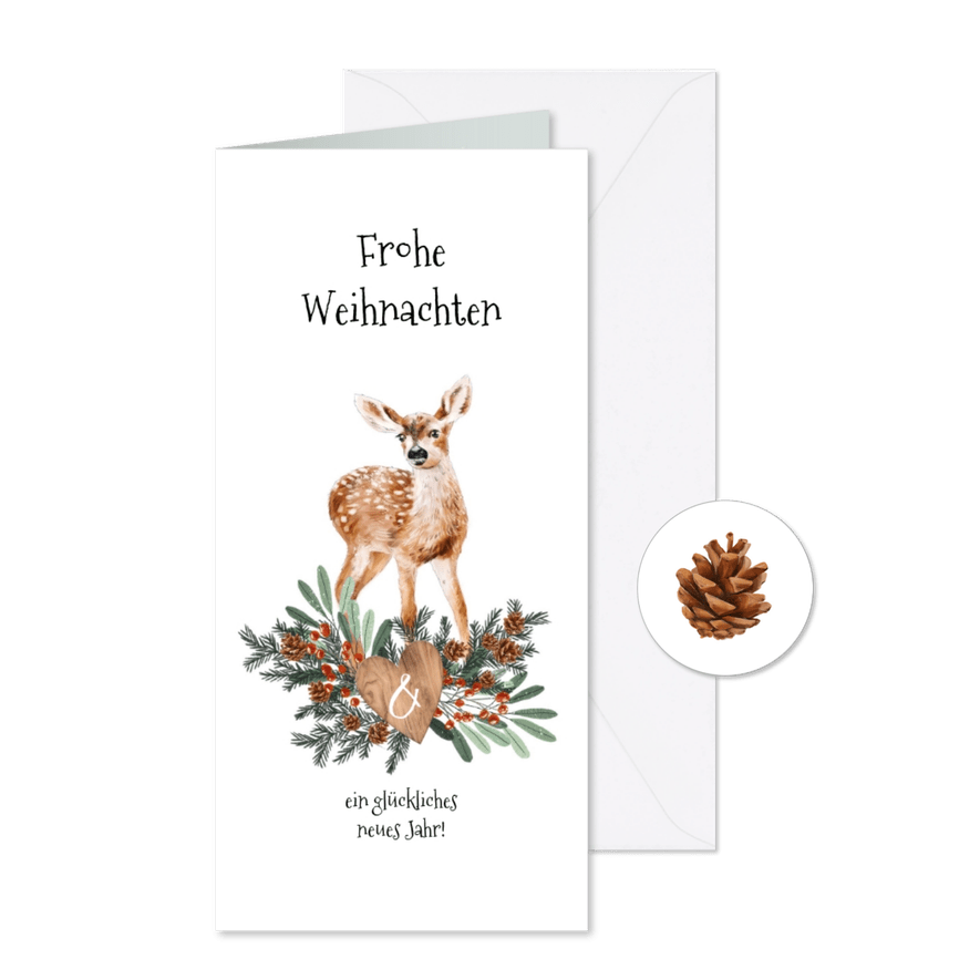 Weihnachtskarte Rehkitz auf Tannenzweigen - Karteneindruck
