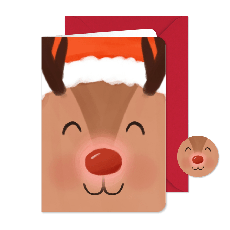 Weihnachtskarte Rentier Gesicht mit leuchtender Nase - Karteneindruck