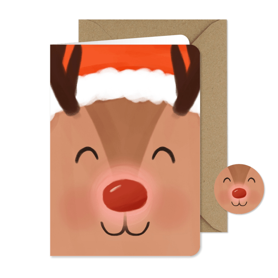 Weihnachtskarte Rentier Gesicht mit leuchtender Nase - Karteneindruck
