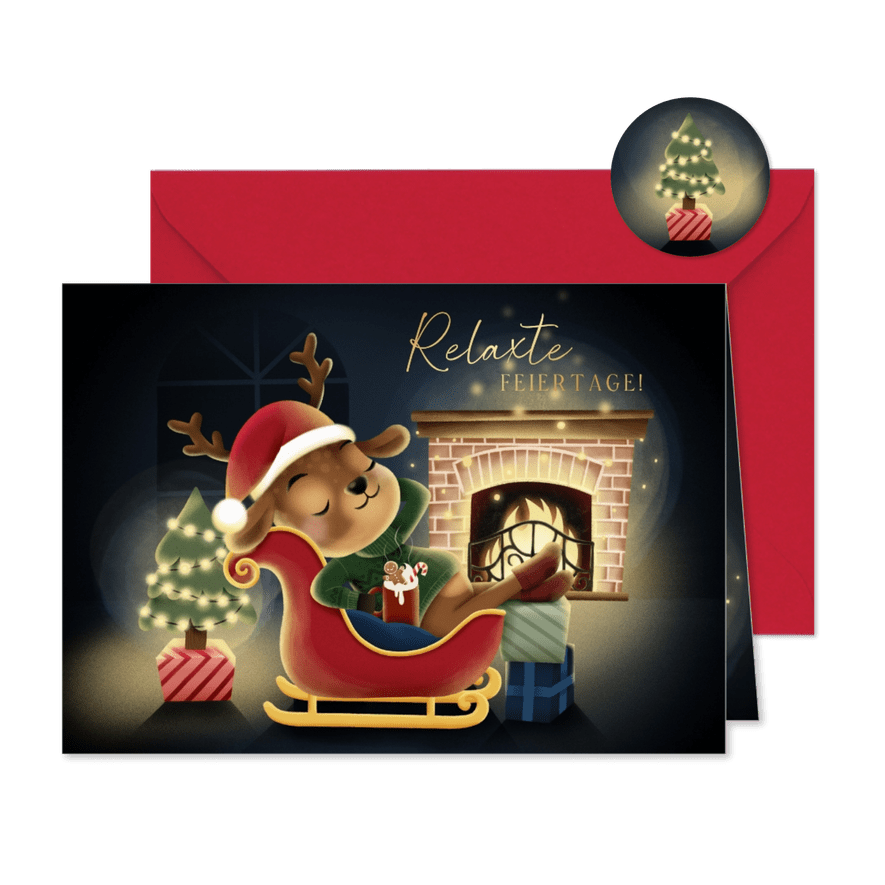 Weihnachtskarte Rentier im Schlitten vor Kamin - Karteneindruck
