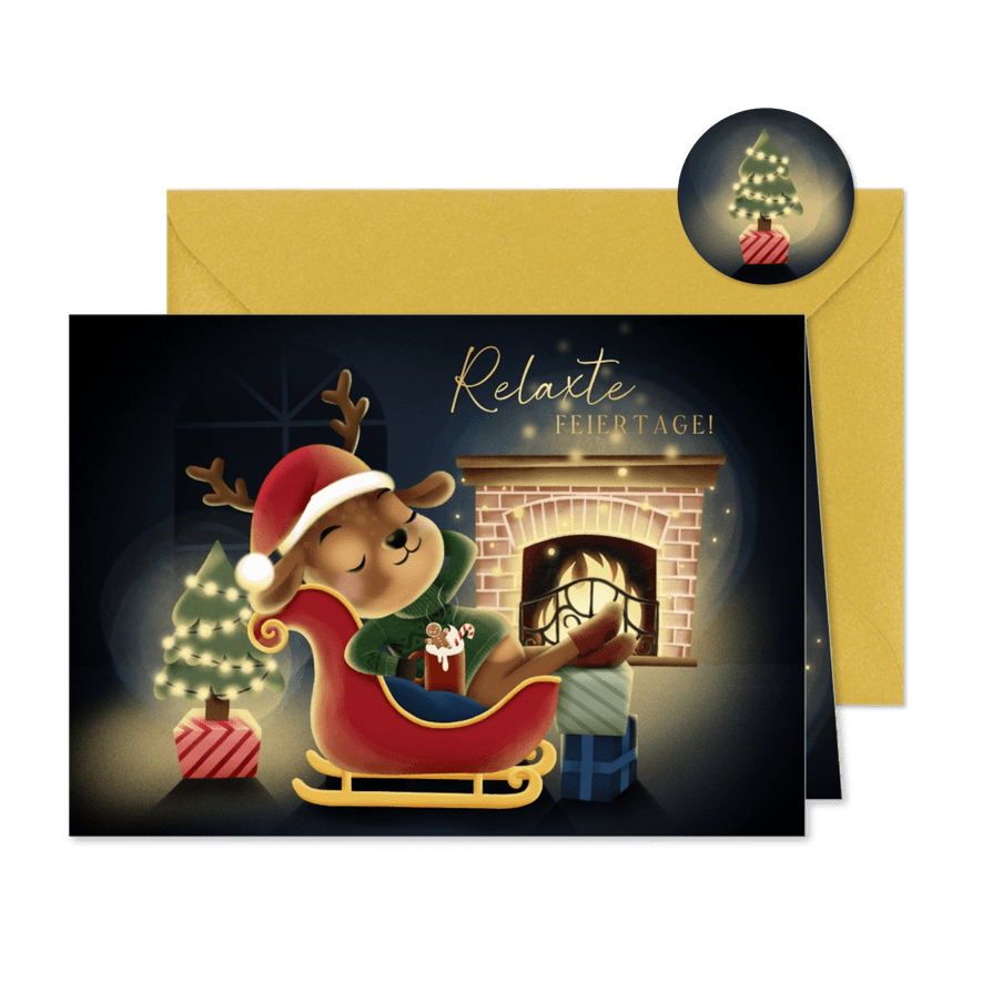 Weihnachtskarte Rentier im Schlitten vor Kamin - Karteneindruck