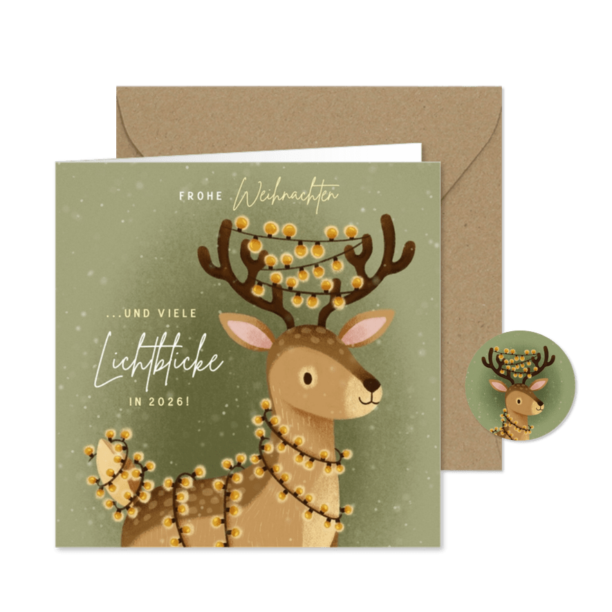 Weihnachtskarte Rentier mit Lichterkette - Karteneindruck
