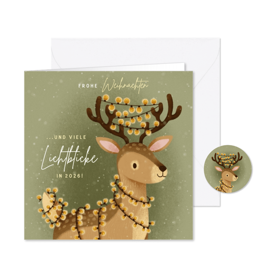 Weihnachtskarte Rentier mit Lichterkette - Karteneindruck
