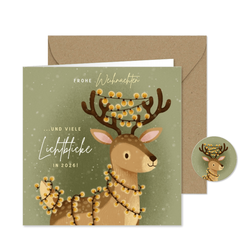 Weihnachtskarte Rentier mit Lichterkette - Karteneindruck