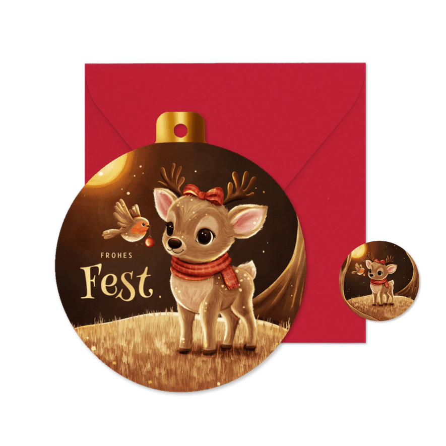 Weihnachtskarte Rentier Weihnachtskugel Rotkehlchen - Karteneindruck
