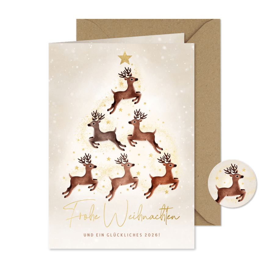 Weihnachtskarte Rentiere in Weihnachtsbaum - Karteneindruck
