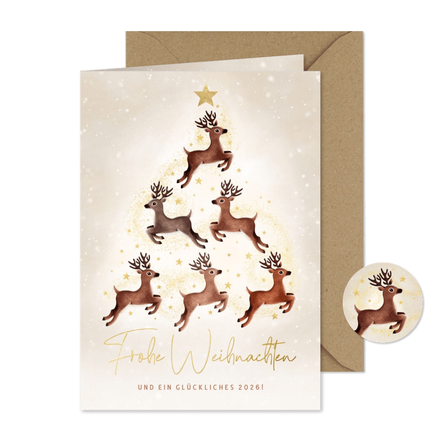 Weihnachtskarte Rentiere in Weihnachtsbaum - Karteneindruck
