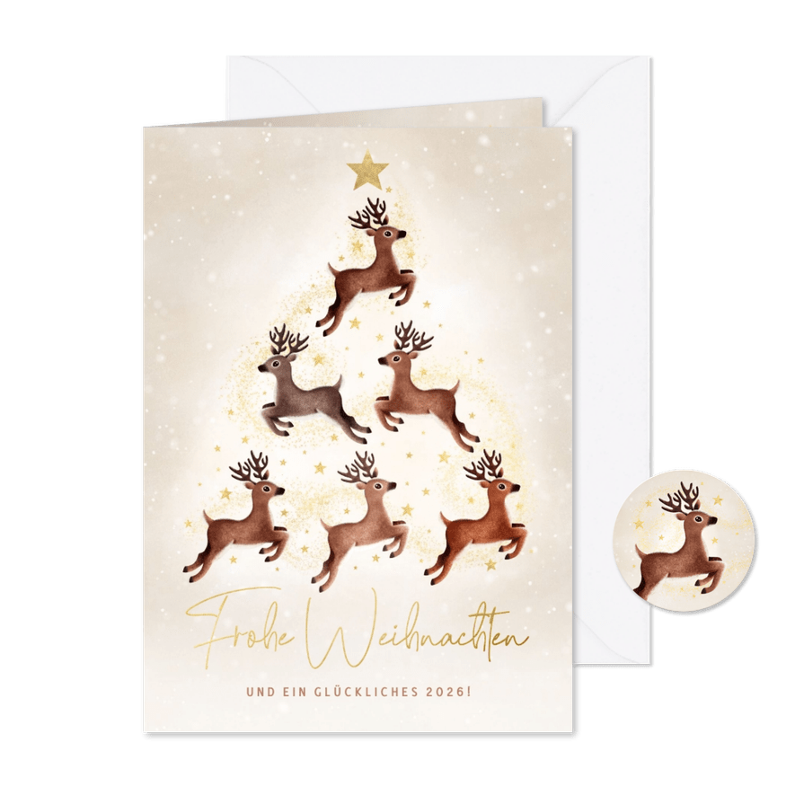 Weihnachtskarte Rentiere in Weihnachtsbaum - Karteneindruck