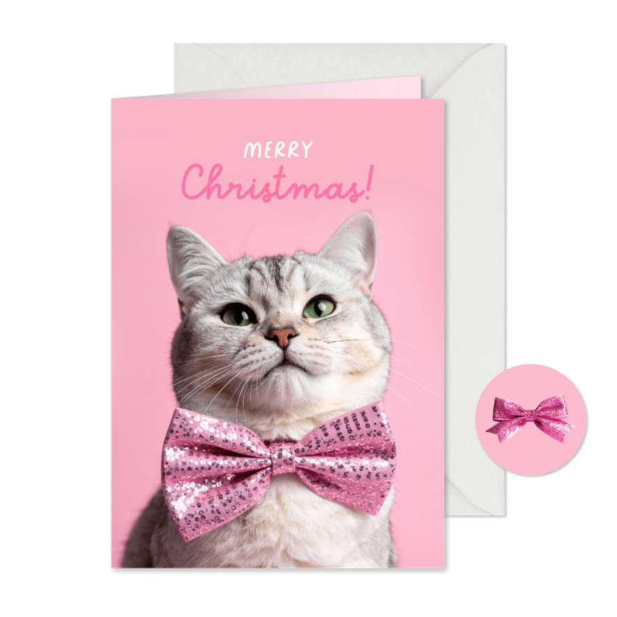 Weihnachtskarte rosa - Katze mit Schleife - Kartenvorschau