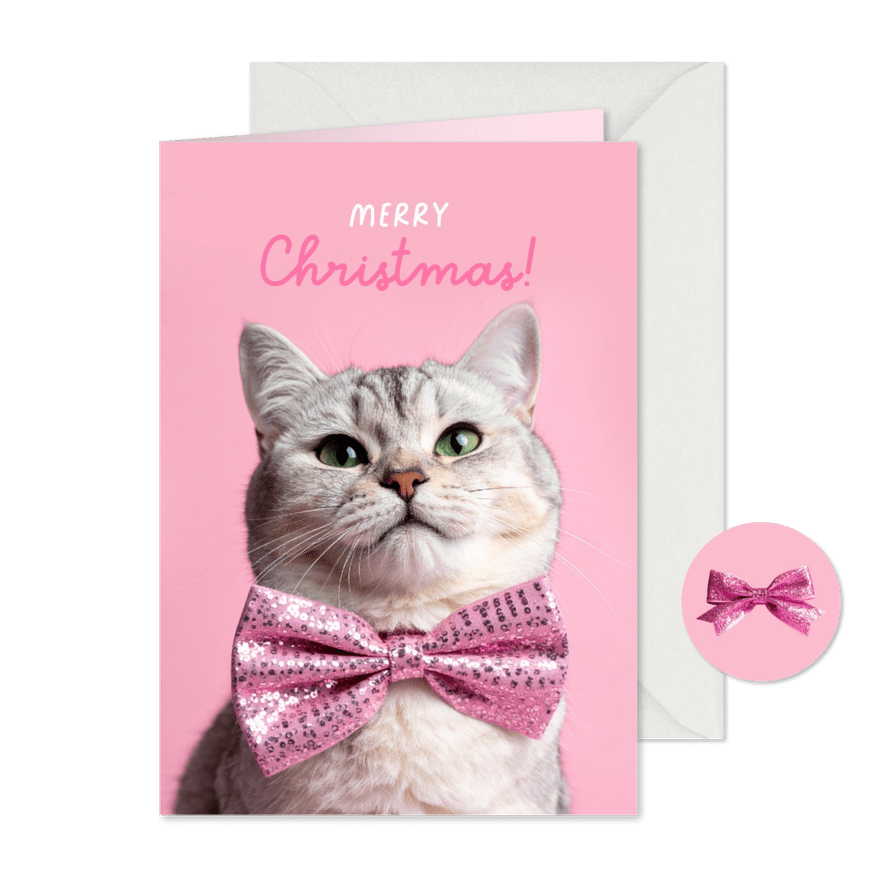 Weihnachtskarte rosa - Katze mit Schleife - Karteneindruck
