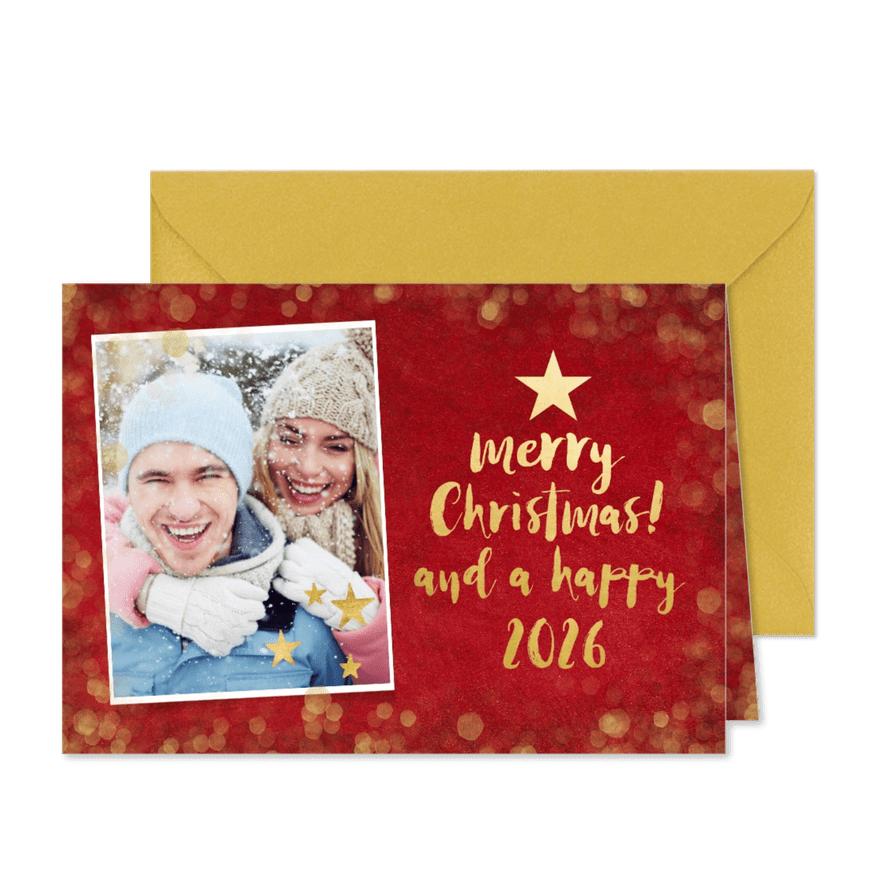 Weihnachtskarte rot mit Foto und Goldschrift - Karteneindruck