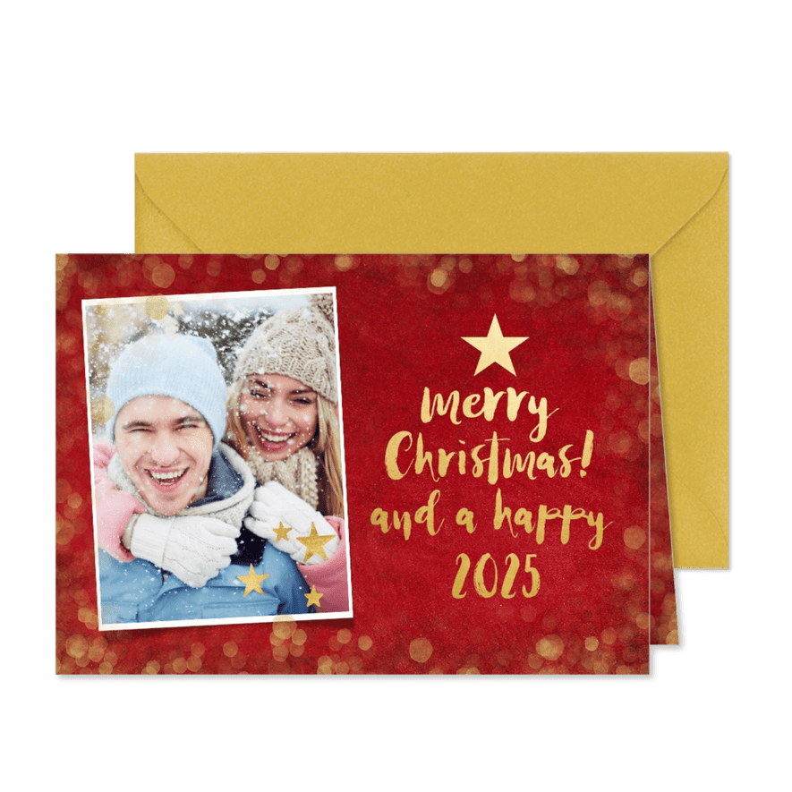 Weihnachtskarte rot mit Foto und Goldschrift - Karteneindruck
