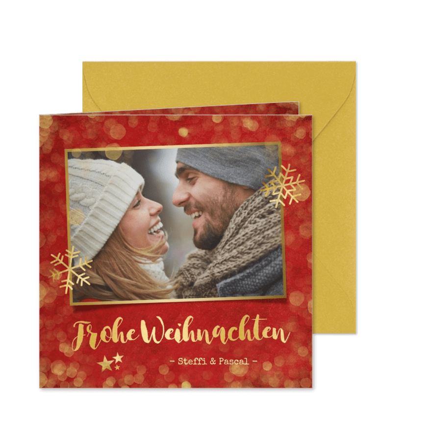 Weihnachtskarte rot mit Goldkonfetti und Fotos - Karteneindruck