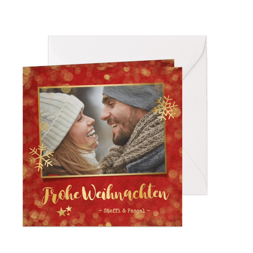 Weihnachtskarte rot mit Goldkonfetti und Fotos - Karteneindruck
