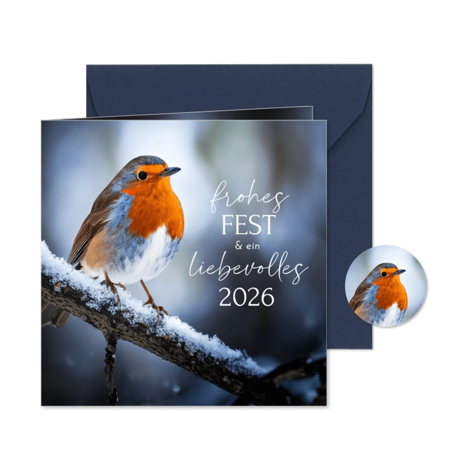 Weihnachtskarte Rotkehlchen im Schnee 'Frohes Fest' - Karteneindruck
