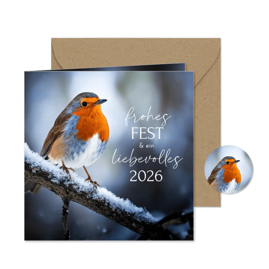Weihnachtskarte Rotkehlchen im Schnee 'Frohes Fest' - Karteneindruck
