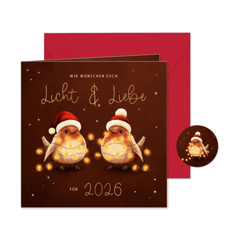 Weihnachtskarte Rotkehlchen Licht & Liebe Lichterkette - Karteneindruck