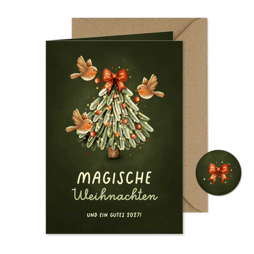 Weihnachtskarte Rotkehlchen Tannenbaum magische Feiertage - Kartenvorschau