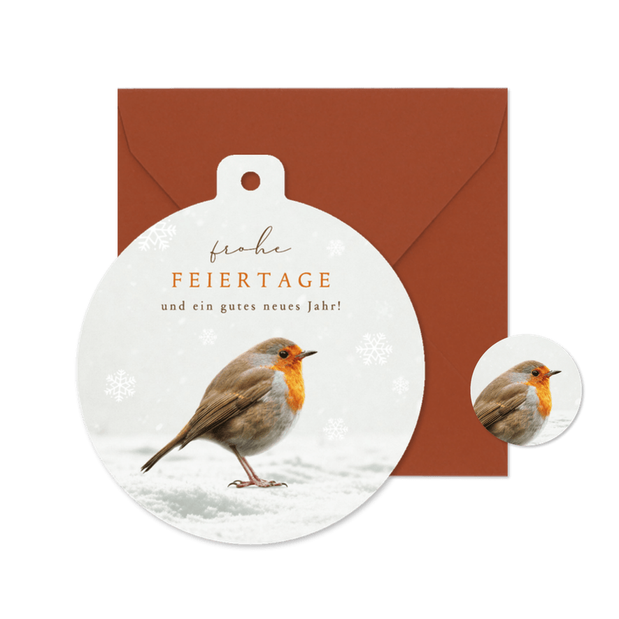 Weihnachtskarte Rotkehlchen Weihnachtskugelform Schnee - Kartenvorschau