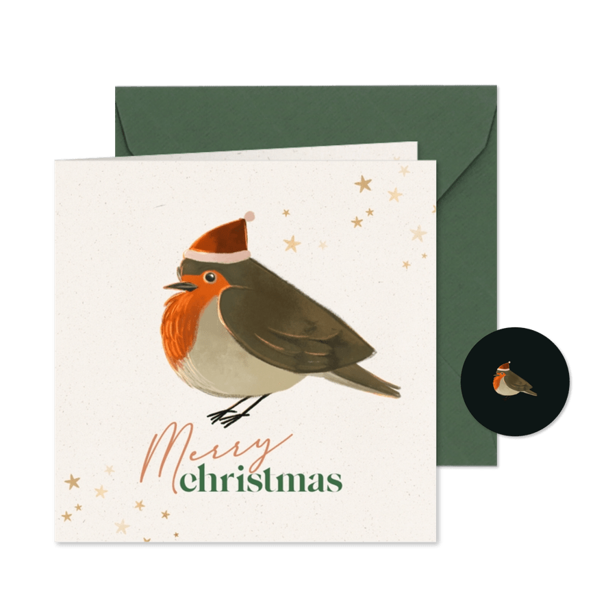 Weihnachtskarte Rotkelchen mit Weihnachtsmütze - Karteneindruck
