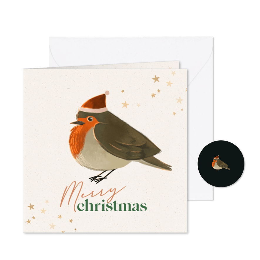 Weihnachtskarte Rotkelchen mit Weihnachtsmütze - Karteneindruck