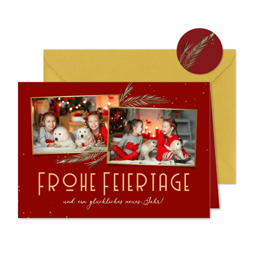 Weihnachtskarte Rottöne mit Fotos und Zweigen - Karteneindruck