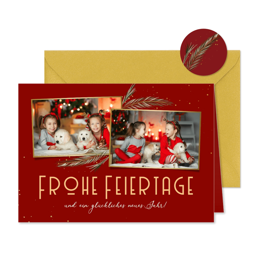 Weihnachtskarte Rottöne mit Fotos und Zweigen - Karteneindruck