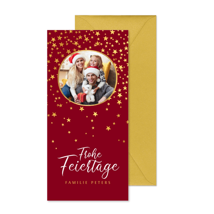 Weihnachtskarte rundes Foto und Sterne - Karteneindruck