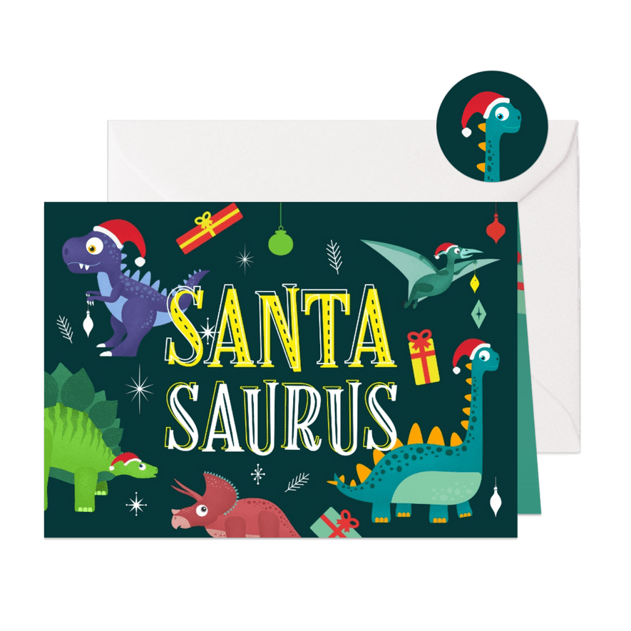 Weihnachtskarte 'Santasaurus' mit Dinosauriern - Karteneindruck
