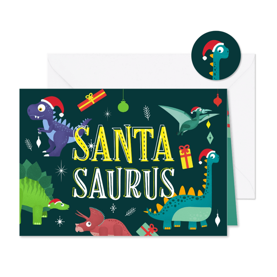 Weihnachtskarte 'Santasaurus' mit Dinosauriern - Karteneindruck