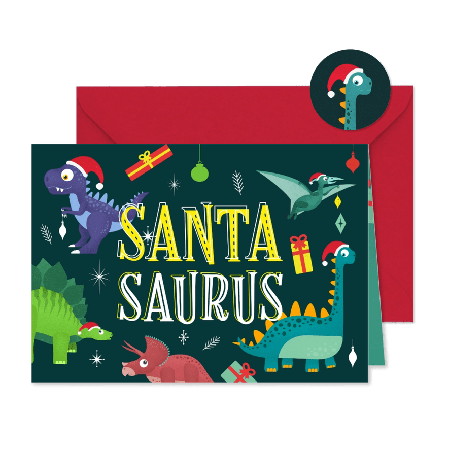 Weihnachtskarte 'Santasaurus' mit Dinosauriern - Karteneindruck